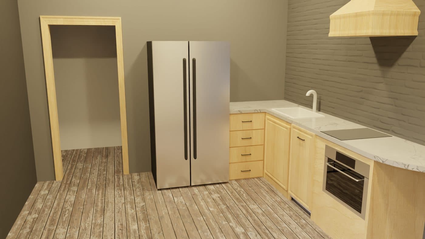 3D model of a kitchen with a steel fridge, oak drawers, a white faucet and a wall oven