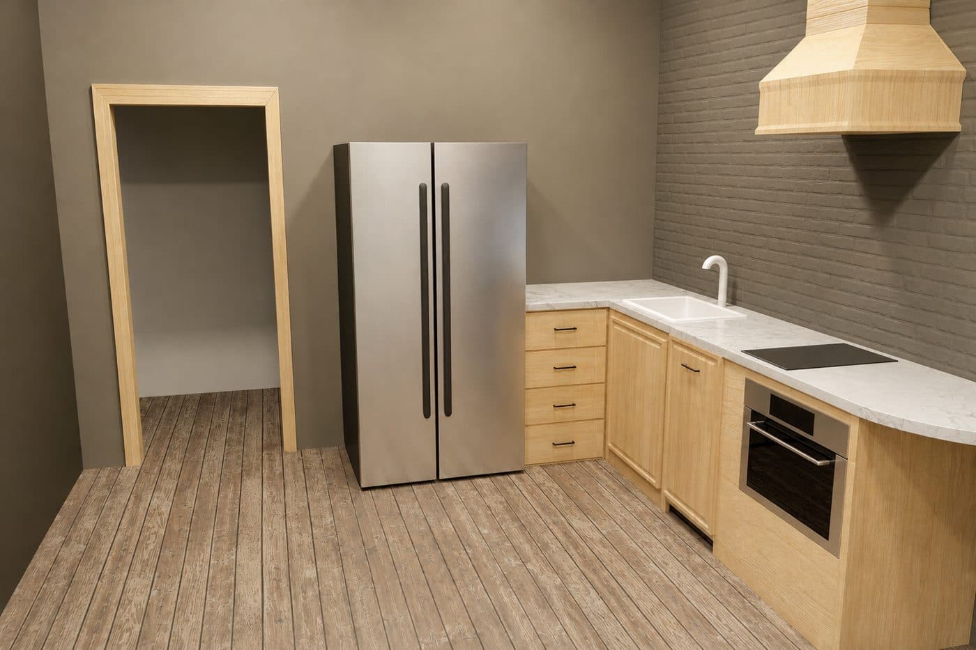 A photoreal render of the same kitchen with every cabinet, appliance and fixture unchanged