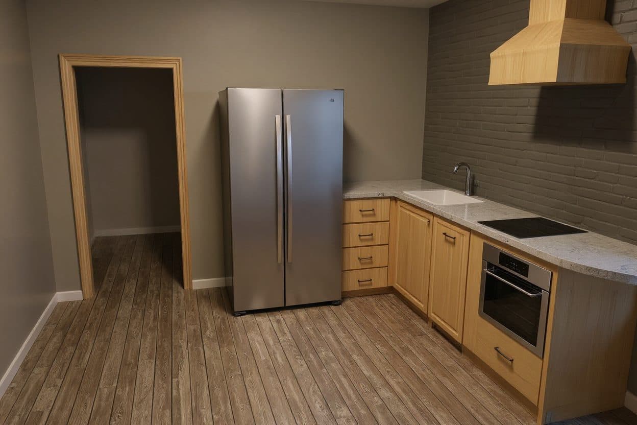An AI render of the kitchen with a chrome faucet, new fridge handles and an added drawer